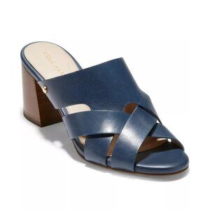 NIB Cole Haan Jodie Block Heel Mule Sandals Sz 6 Navy Blue Leather Woven Strap
